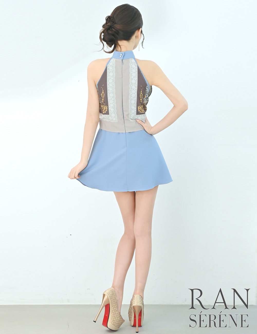 [即納][instock]【RAN SERENE】ミニ/ドレス/ワンピース/ブルー/アメスリ/フレア/柄/スカーフ