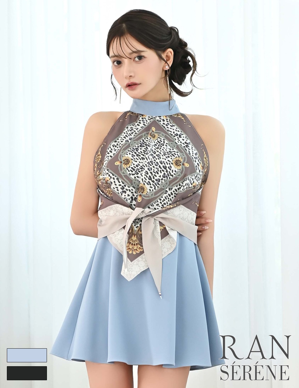 [即納][instock]【RAN SERENE】ミニ/ドレス/ワンピース/ブルー/アメスリ/フレア/柄/スカーフ