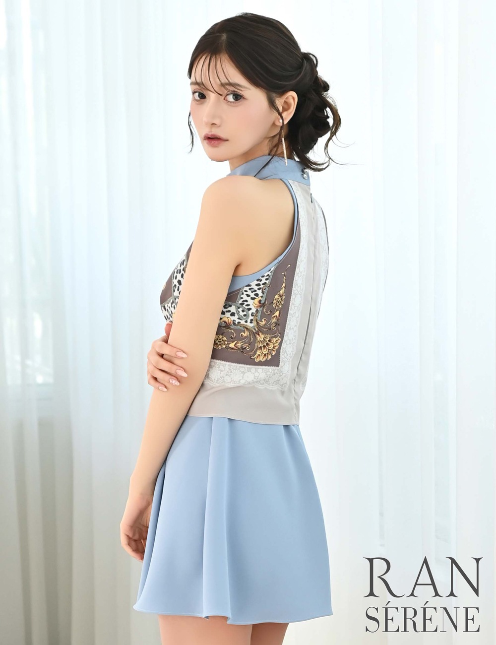 [即納][instock]【RAN SERENE】ミニ/ドレス/ワンピース/ブルー/アメスリ/フレア/柄/スカーフ