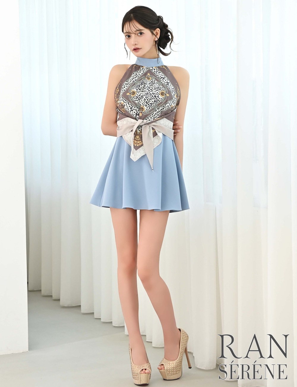 [即納][instock]【RAN SERENE】ミニ/ドレス/ワンピース/ブルー/アメスリ/フレア/柄/スカーフ