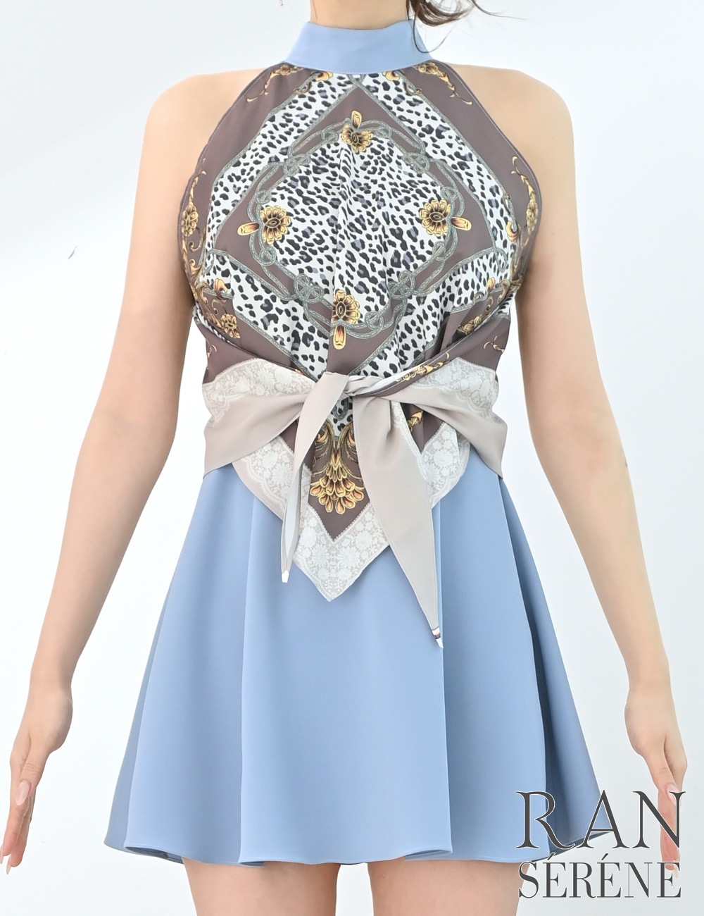 [即納][instock]【RAN SERENE】ミニ/ドレス/ワンピース/ブルー/アメスリ/フレア/柄/スカーフ