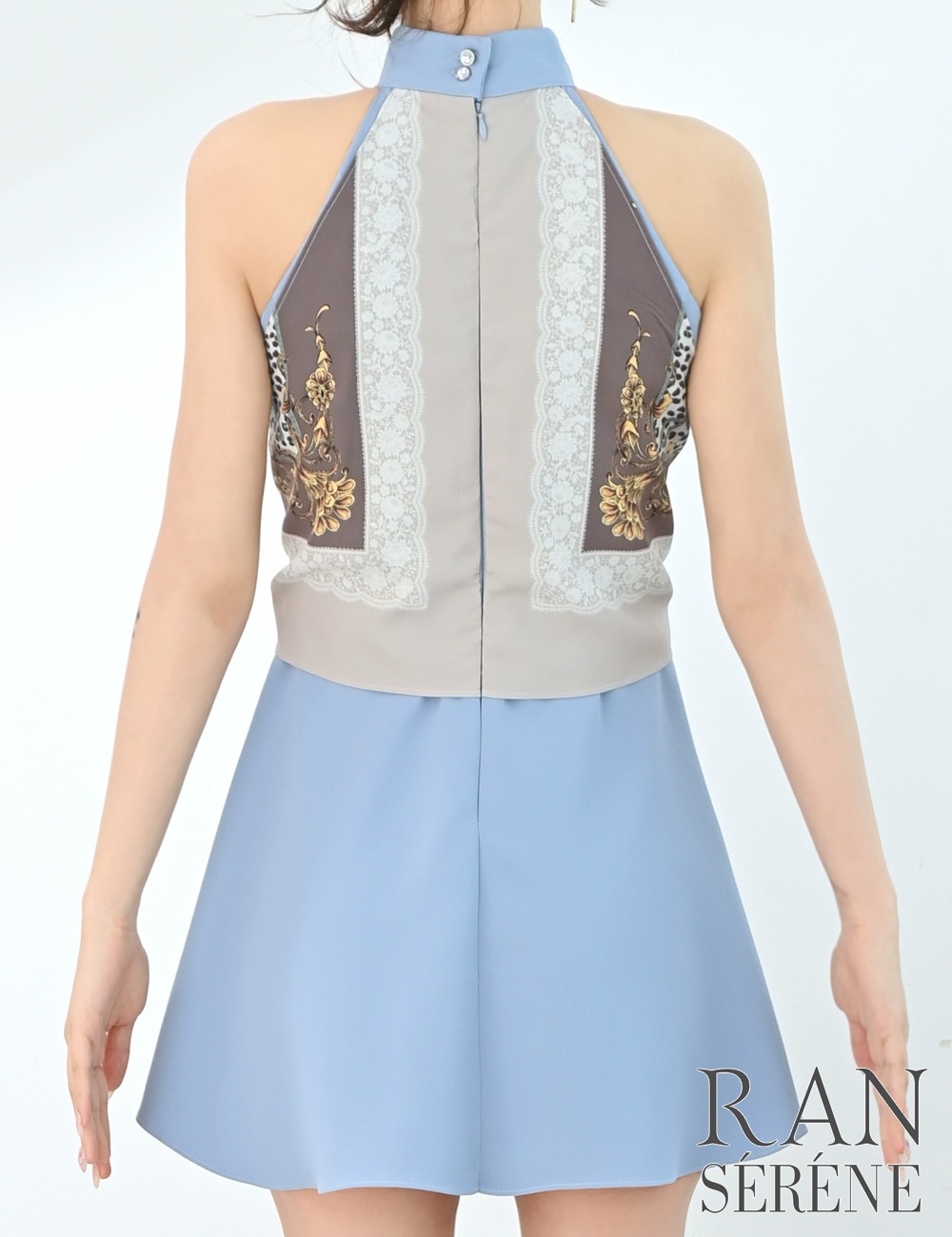 [即納][instock]【RAN SERENE】ミニ/ドレス/ワンピース/ブルー/アメスリ/フレア/柄/スカーフ