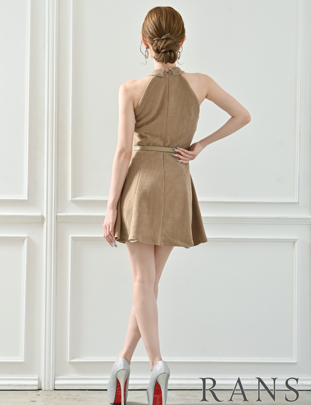 [即納][instock]【RANS】ミニ/ドレス/ワンピース/ベージュ/ブラウン/襟付き/フレア/コーデュロイ