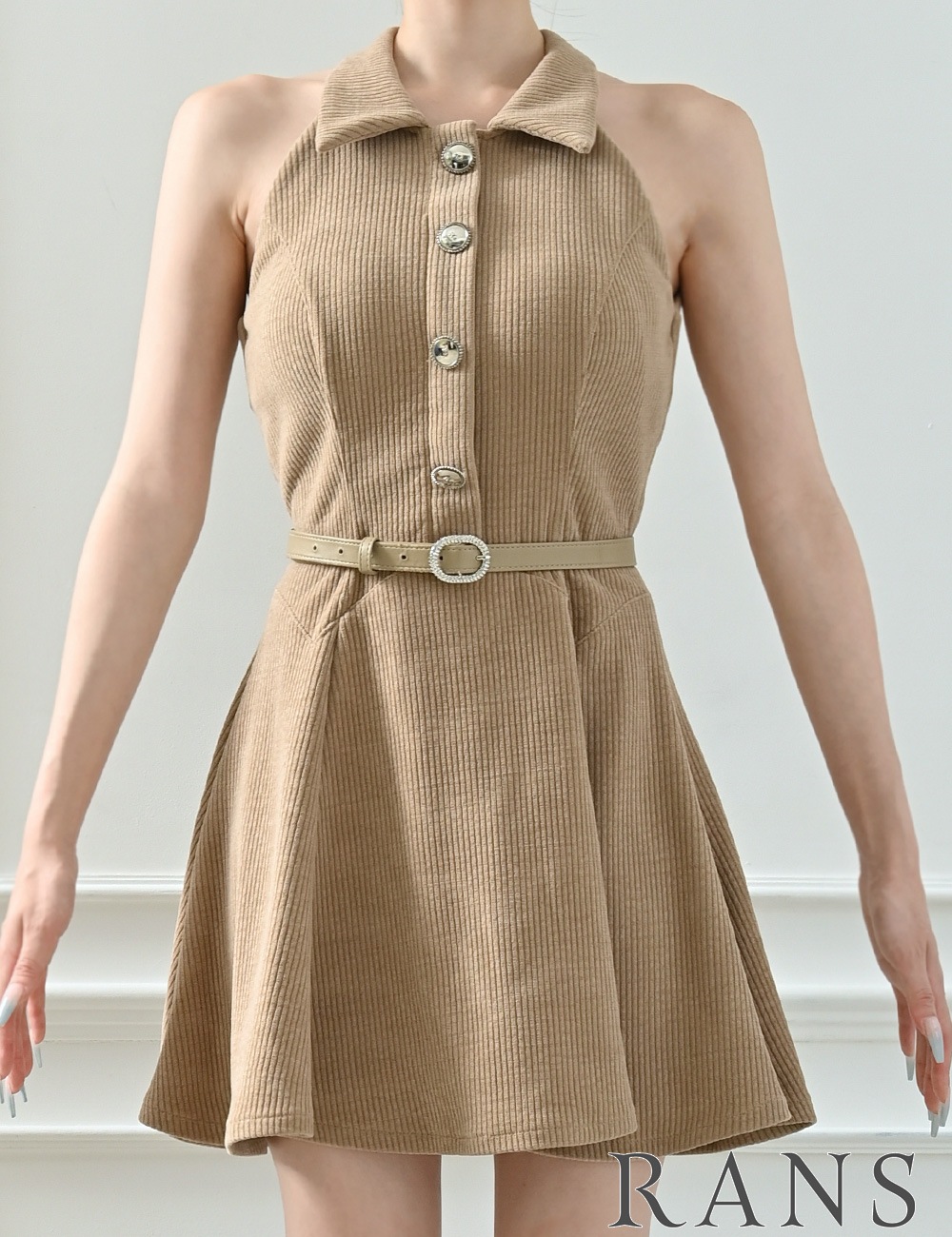 [即納][instock]【RANS】ミニ/ドレス/ワンピース/ベージュ/ブラウン/襟付き/フレア/コーデュロイ