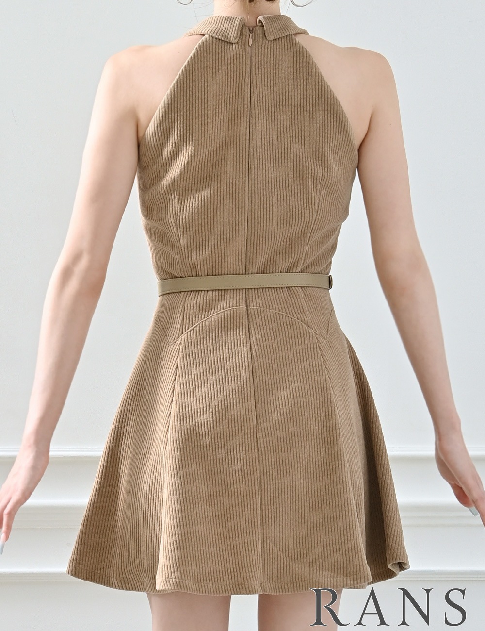 [即納][instock]【RANS】ミニ/ドレス/ワンピース/ベージュ/ブラウン/襟付き/フレア/コーデュロイ