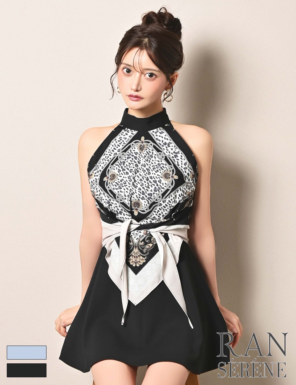 [即納][instock]【RAN SERENE】ミニ/ドレス/ワンピース/ブラック/アメスリ/フレア/柄/スカーフ