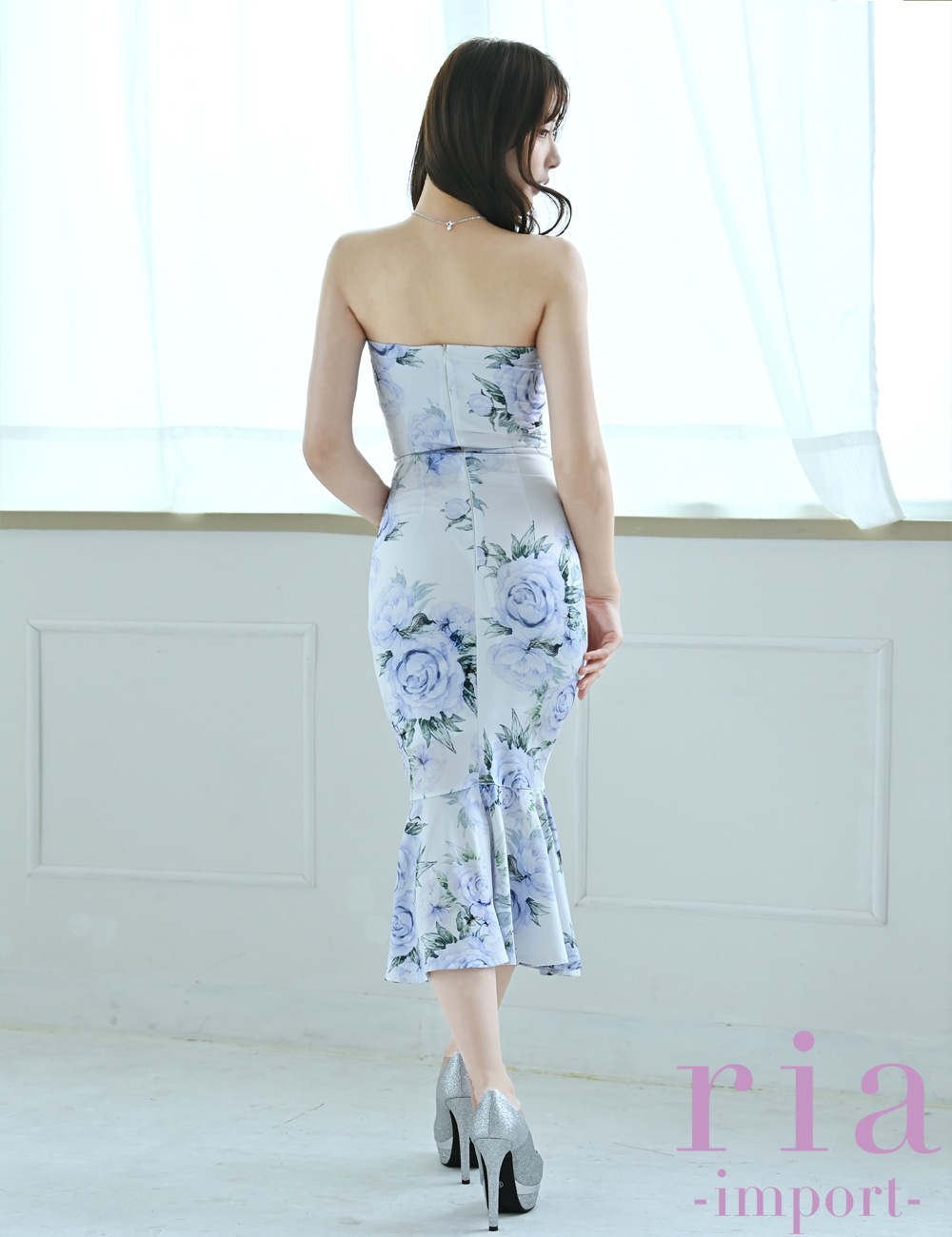 【ria】丈長/ドレス/ワンピース/ホワイト/ブルー/花柄/ベア/マーメイド