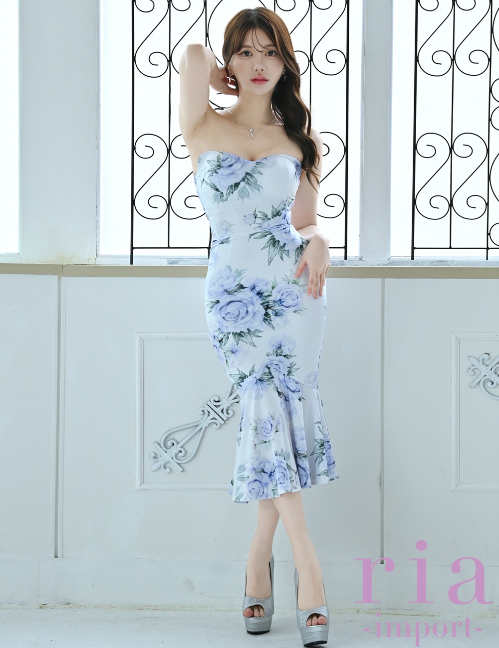 【ria】丈長/ドレス/ワンピース/ホワイト/ブルー/花柄/ベア/マーメイド