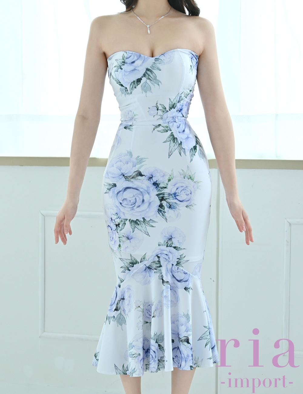 【ria】丈長/ドレス/ワンピース/ホワイト/ブルー/花柄/ベア/マーメイド