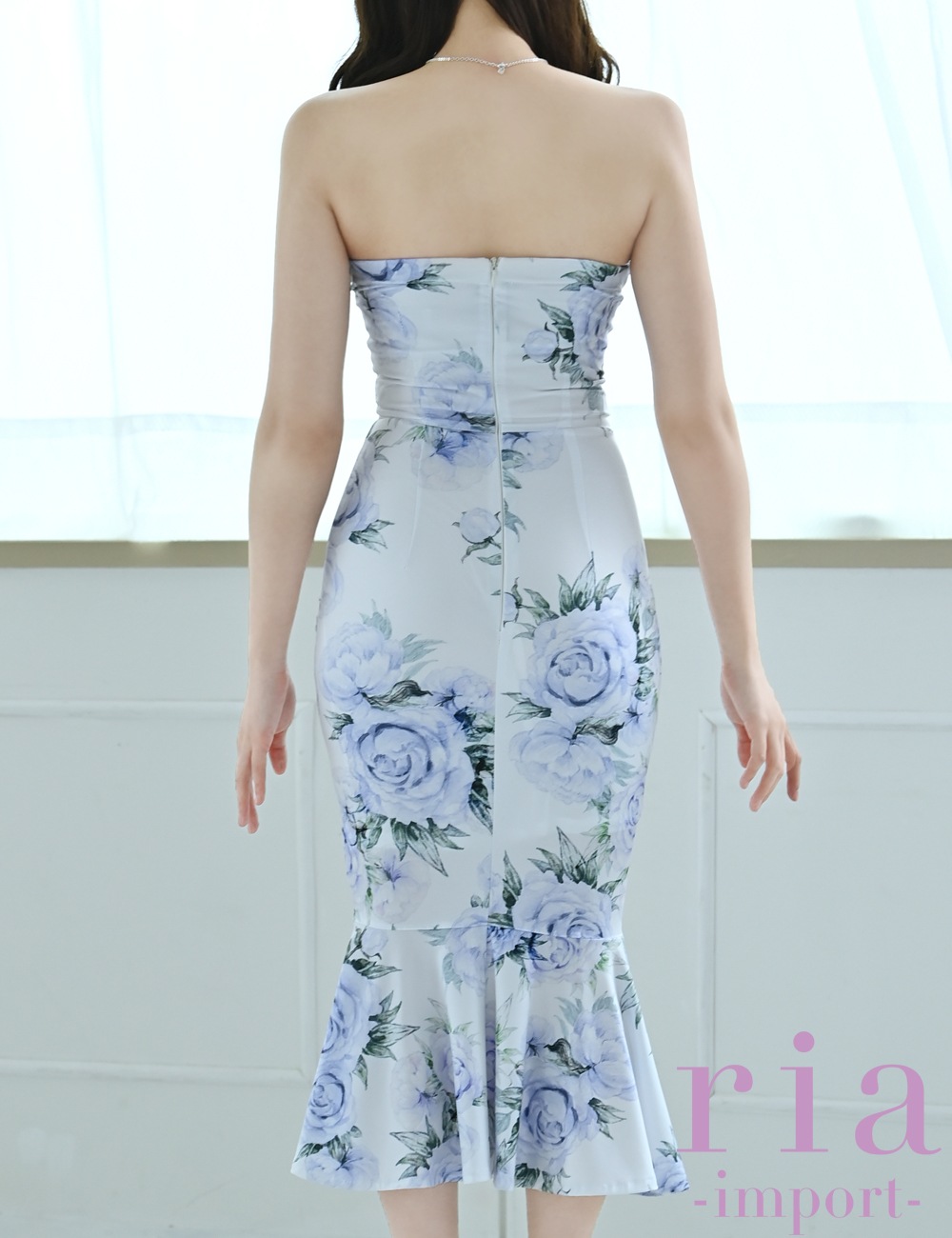 【ria】丈長/ドレス/ワンピース/ホワイト/ブルー/花柄/ベア/マーメイド