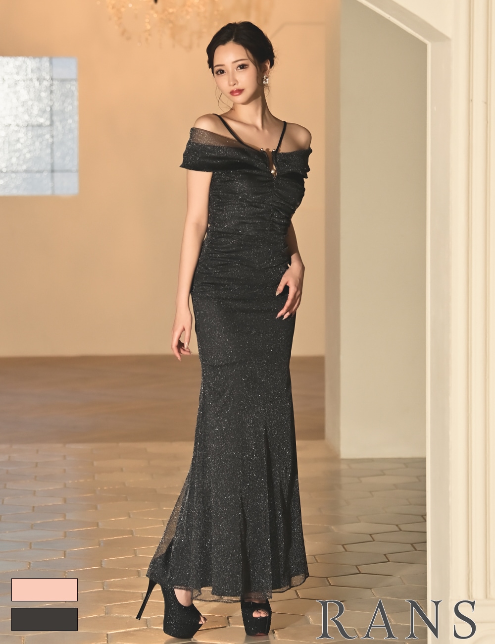 [Sのみ即納][instock]【RANS】ロング/ドレス/タイト/ワンピース/ブラック/マーメイド/オフショル