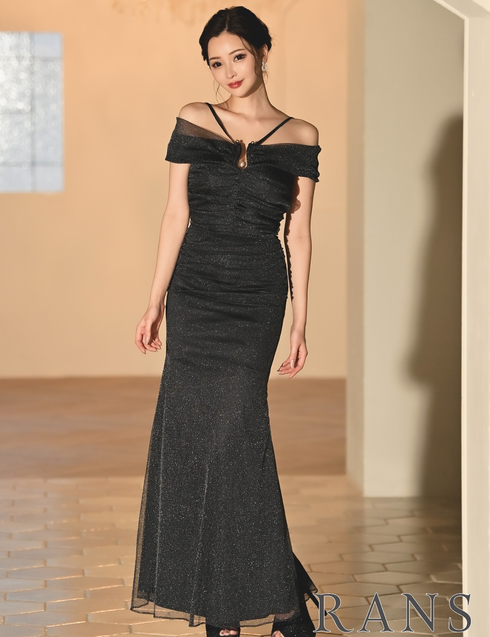 [Sのみ即納][instock]【RANS】ロング/ドレス/タイト/ワンピース/ブラック/マーメイド/オフショル