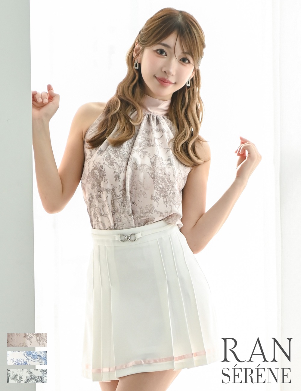 [即納][instock]【RAN SERENE】ミニ/ドレス/セットアップ/ピンク/ホルターネック/フレア/プリーツ/柄/トワルドジュイ