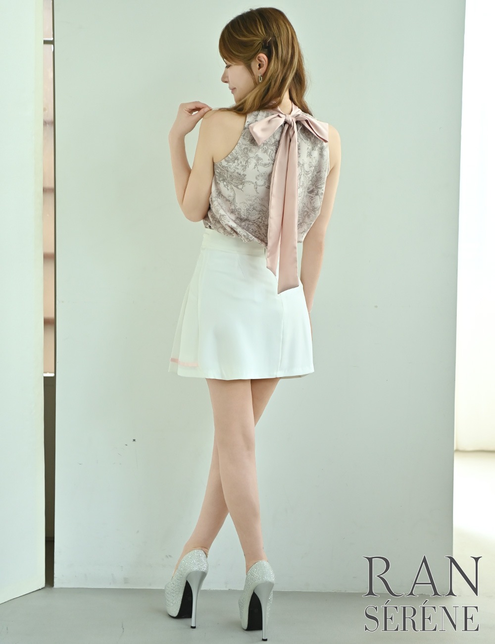 [即納][instock]【RAN SERENE】ミニ/ドレス/セットアップ/ピンク/ホルターネック/フレア/プリーツ/柄/トワルドジュイ