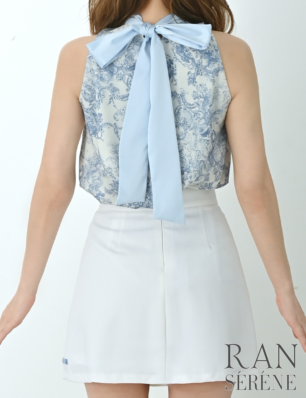[即納][instock]【RAN SERENE】ミニ/ドレス/セットアップ/ブルー/ホルターネック/フレア/プリーツ/柄/トワルドジュイ