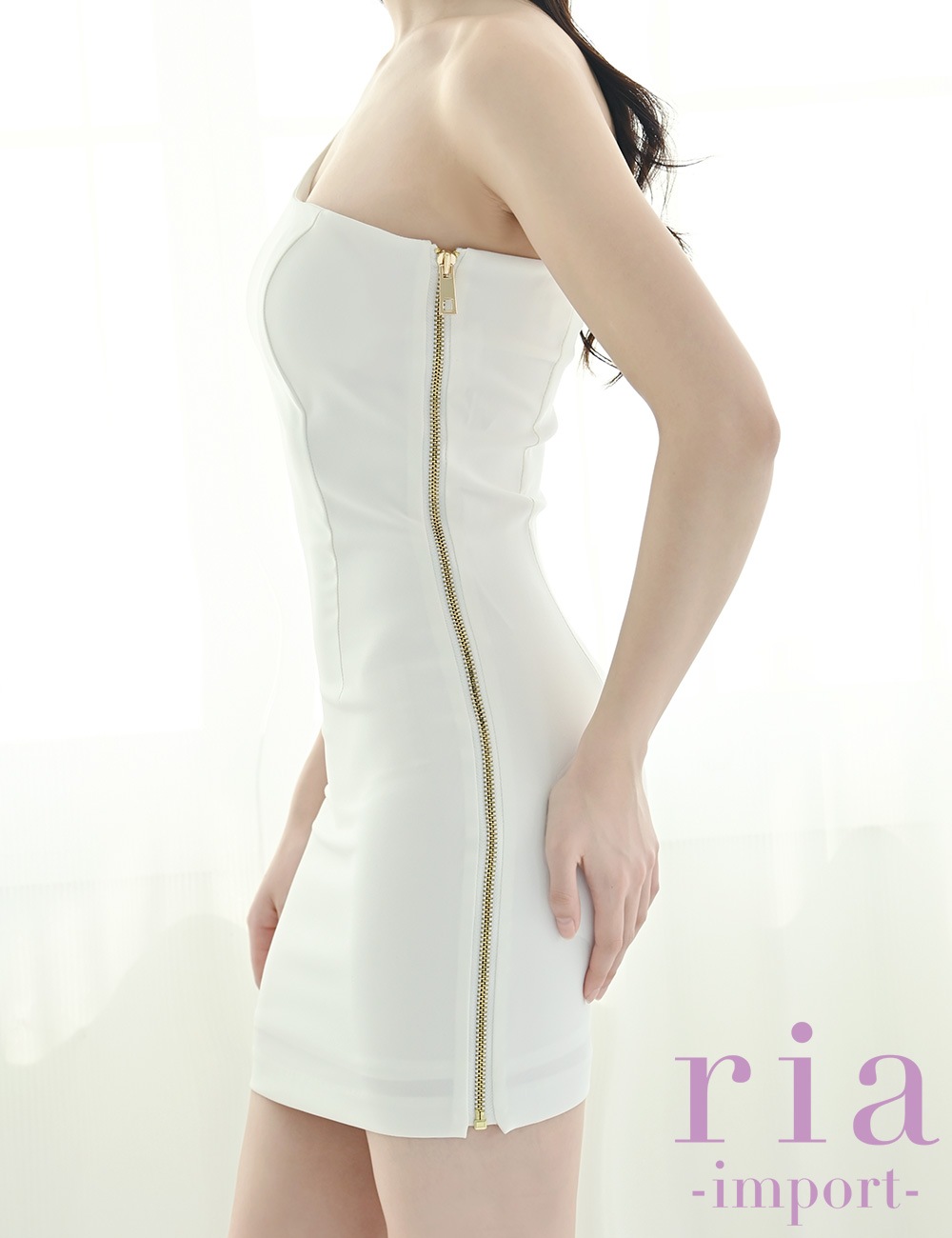 【ria】ミニ/ドレス/タイト/ワンピース/ホワイト/ファスナー/ワンショル/チェーン