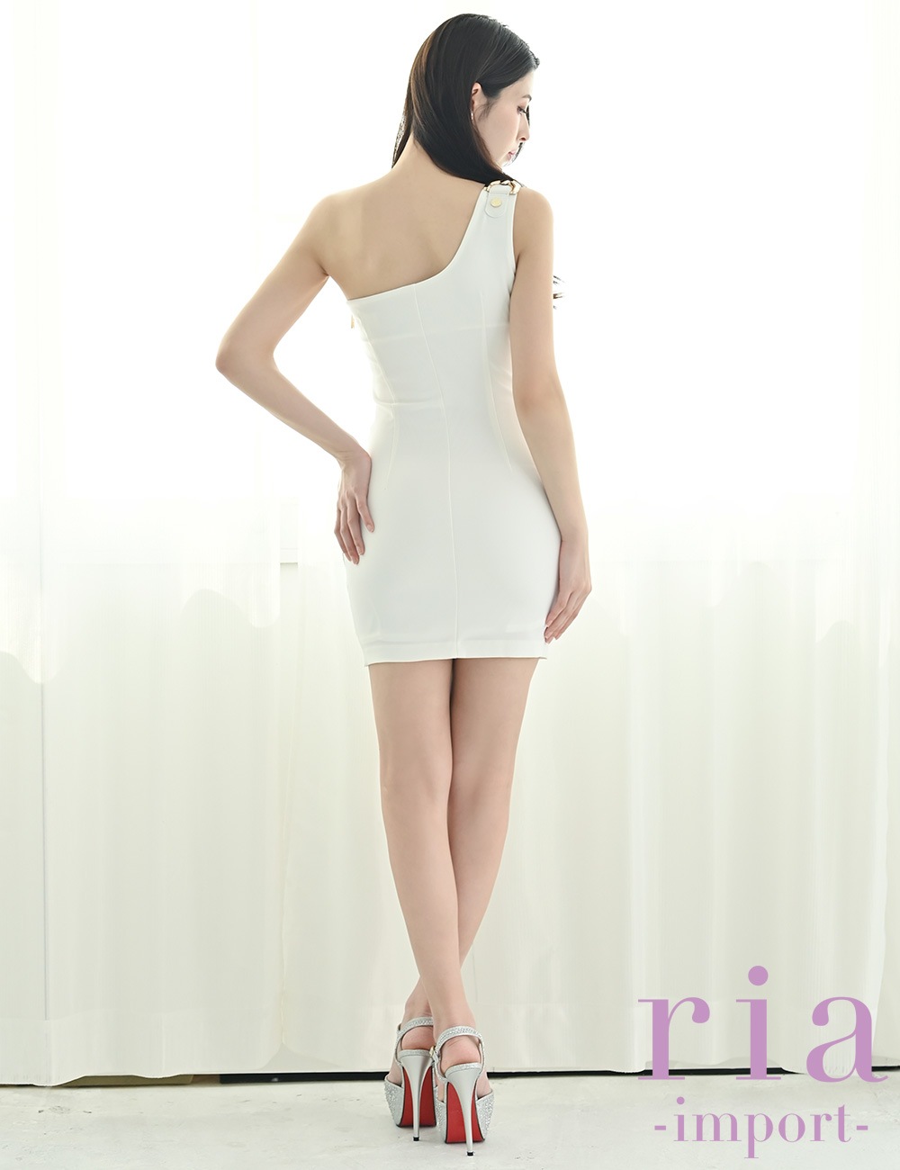 【ria】ミニ/ドレス/タイト/ワンピース/ホワイト/ファスナー/ワンショル/チェーン