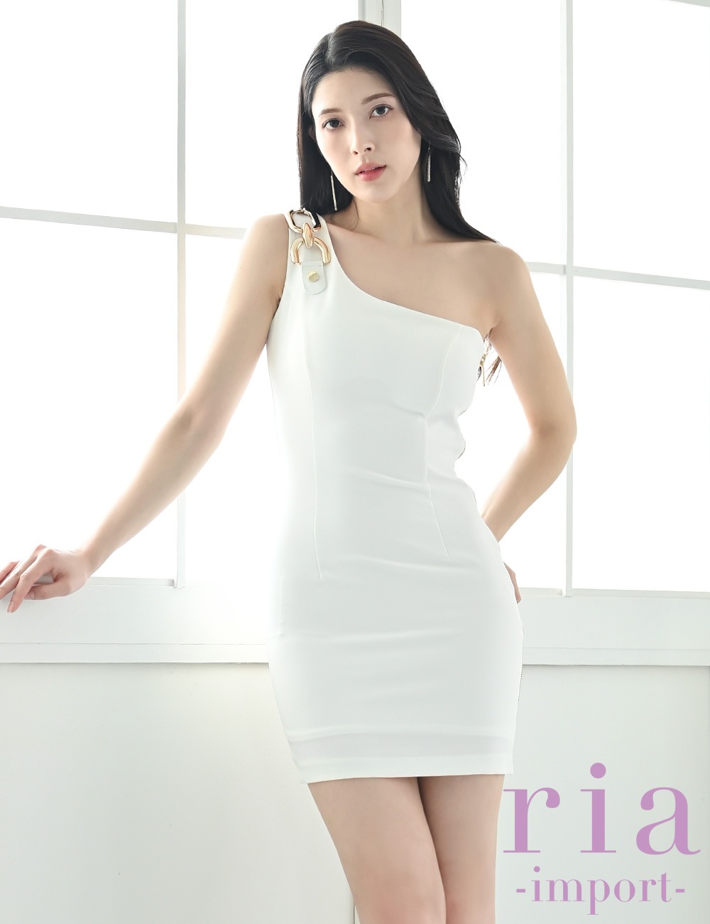 【ria】ミニ/ドレス/タイト/ワンピース/ホワイト/ファスナー/ワンショル/チェーン
