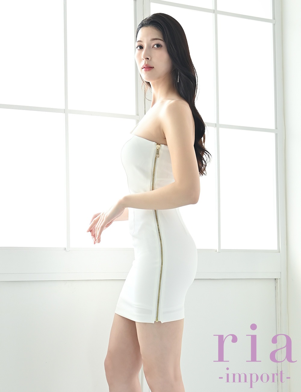 【ria】ミニ/ドレス/タイト/ワンピース/ホワイト/ファスナー/ワンショル/チェーン