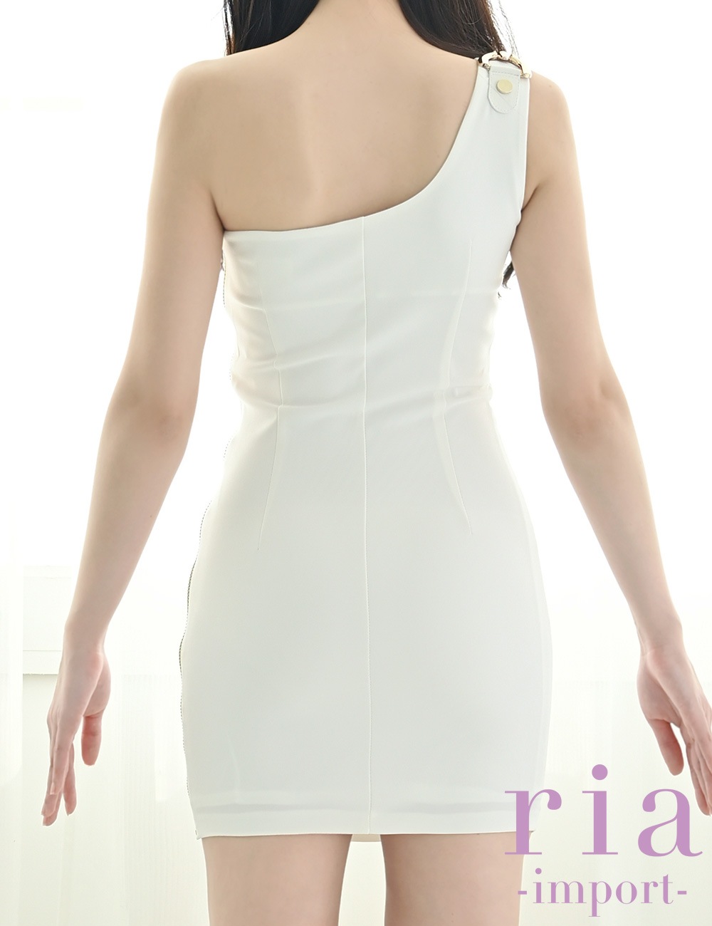 【ria】ミニ/ドレス/タイト/ワンピース/ホワイト/ファスナー/ワンショル/チェーン