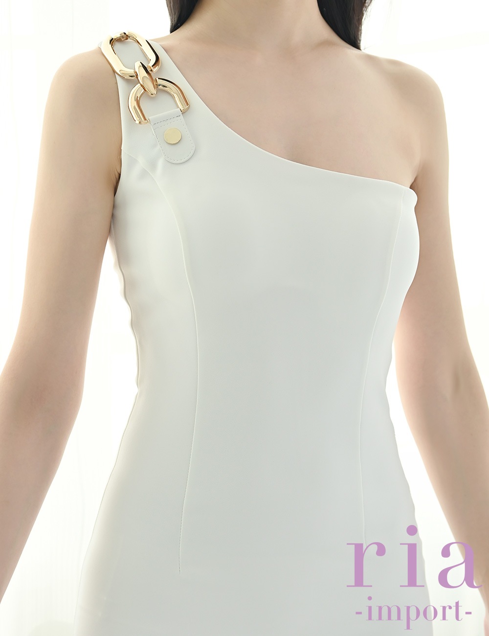 【ria】ミニ/ドレス/タイト/ワンピース/ホワイト/ファスナー/ワンショル/チェーン