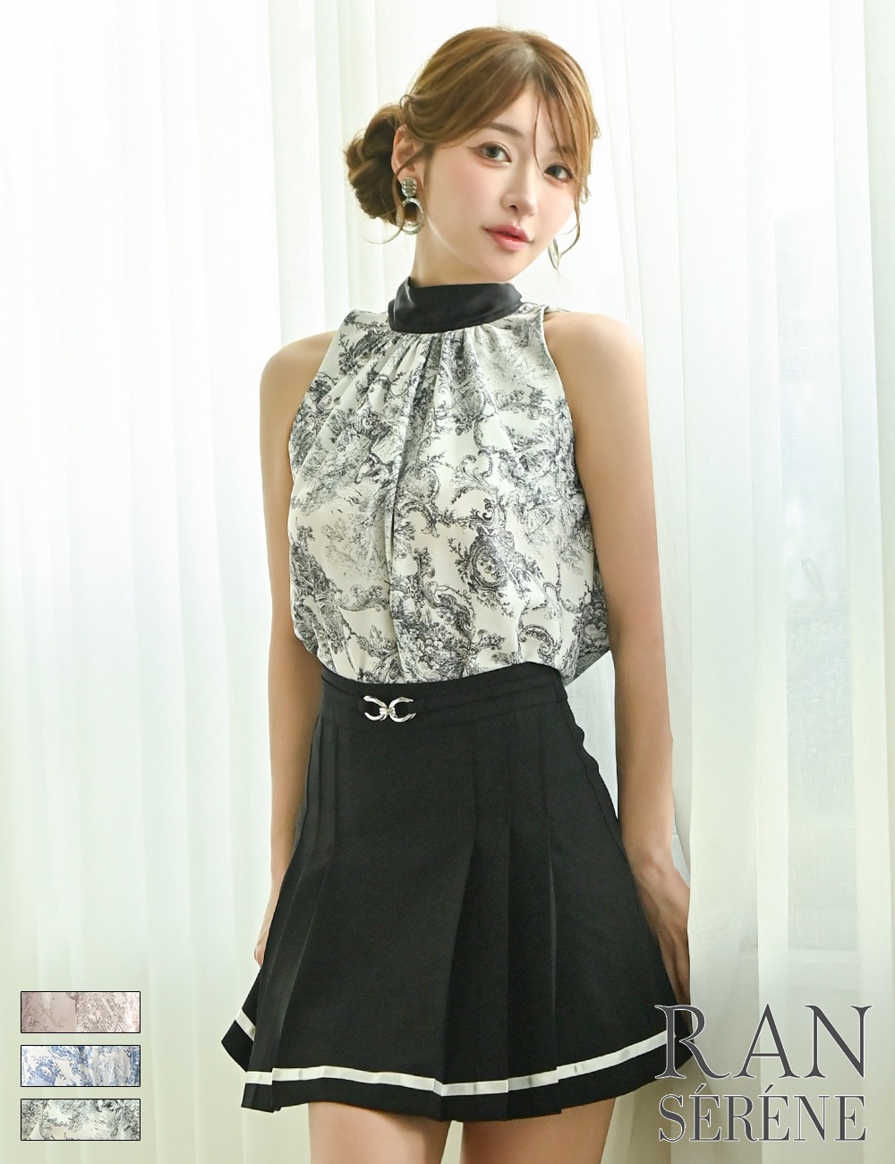 [Sのみ即納][instock]【RAN SERENE】ミニ/ドレス/セットアップ/ブラック/ホルターネック/フレア/プリーツ/柄/トワルドジュイ