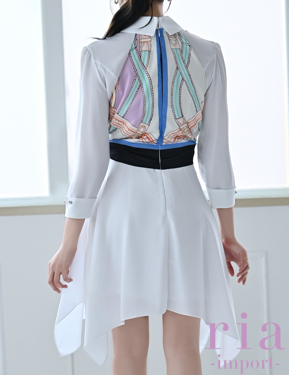 【ria】ミニ/ドレス/ワンピース/ホワイト/フレア/スカーフ/七分袖/襟付き/柄