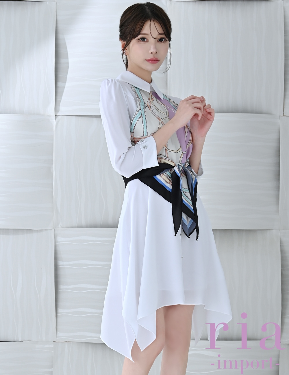 【ria】ミニ/ドレス/ワンピース/ホワイト/フレア/スカーフ/七分袖/襟付き/柄