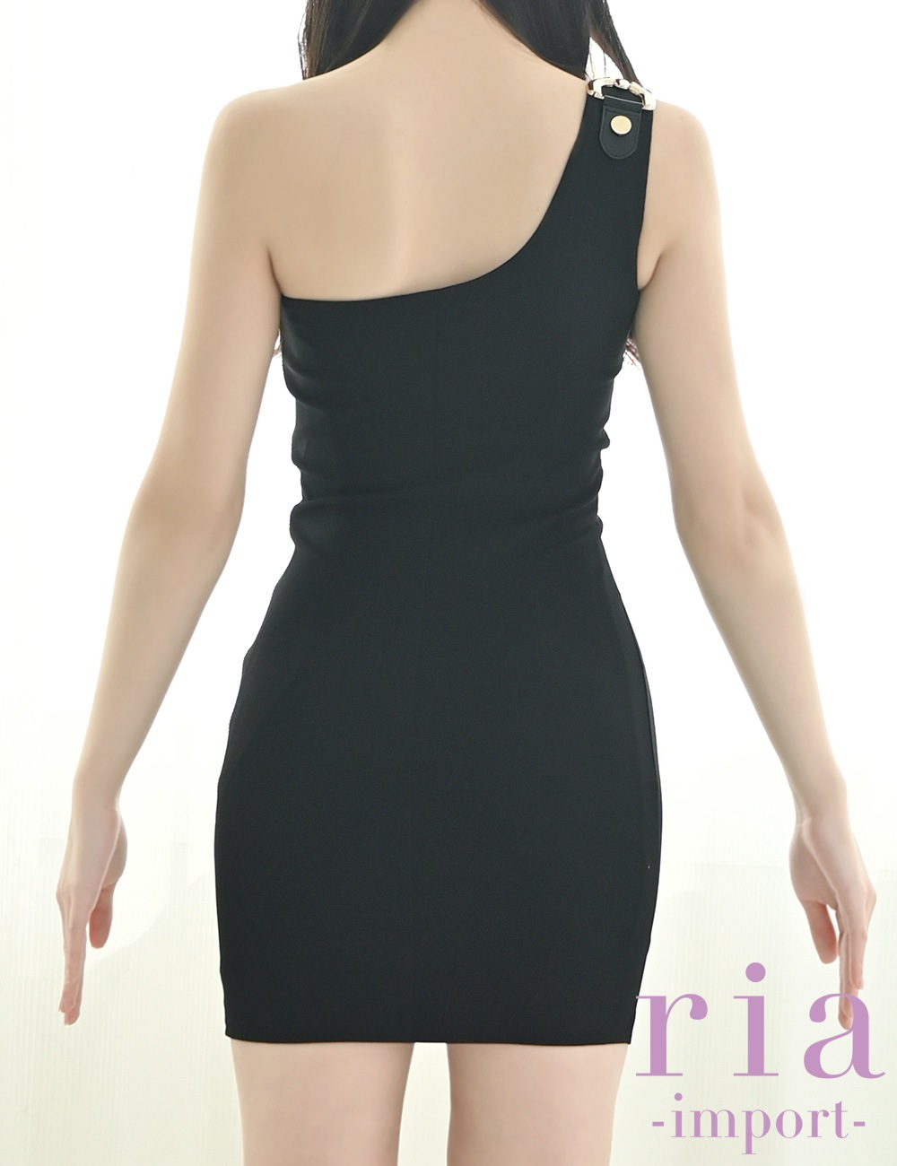 【ria】ミニ/ドレス/タイト/ワンピース/ブラック/ファスナー/ワンショル/チェーン