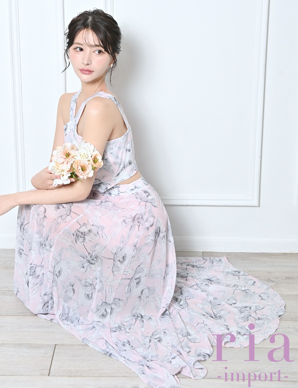 ria】ロング/ドレス/ピンク/ホルターネック/フレア/サイドカットアウト