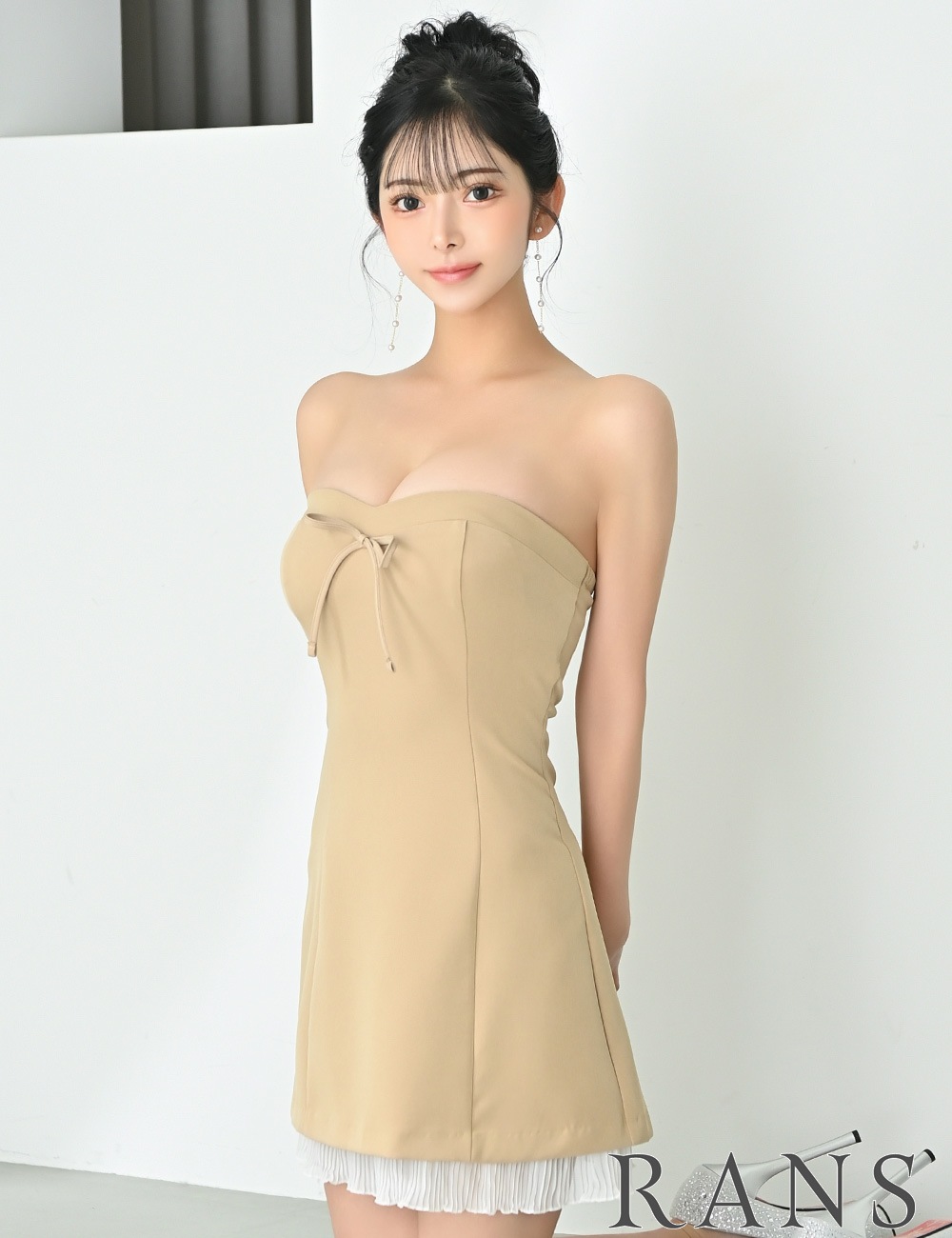[即納][instock]【RANS】ミニ/ドレス/ワンピース/ベージュ/ベア/フレア/リボン