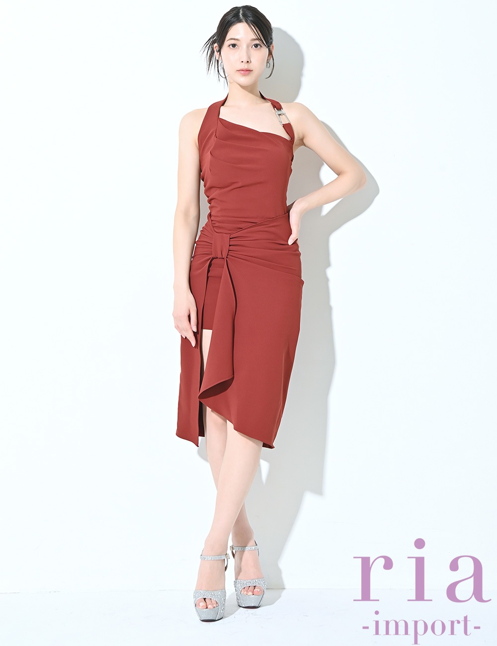 【ria】丈長/ドレス/ワンピース/ブラウン/ホルターネック/ラップ風/ドレープ
