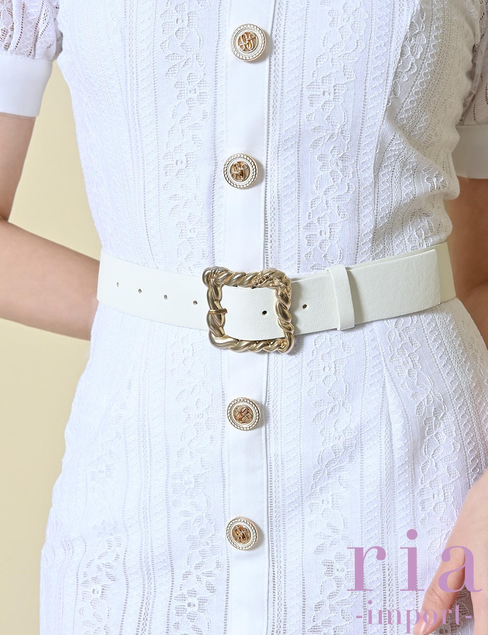 【ria】ミニ/ドレス/ワンピース/ホワイト/襟付き/タイト/ベルト付き/袖あり/レース