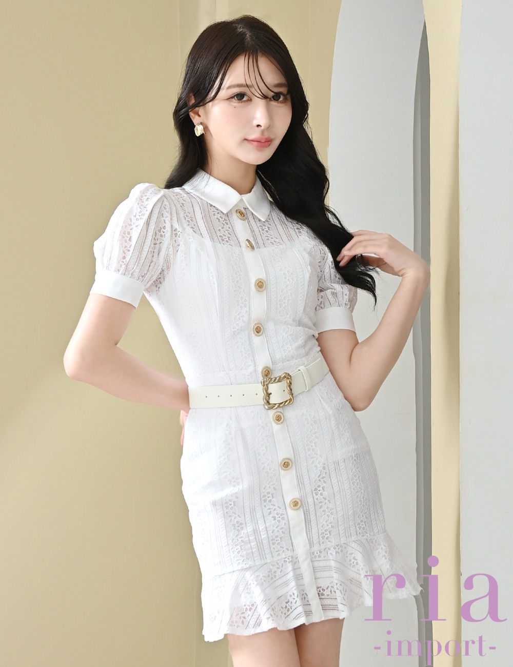 【ria】ミニ/ドレス/ワンピース/ホワイト/襟付き/タイト/ベルト付き/袖あり/レース