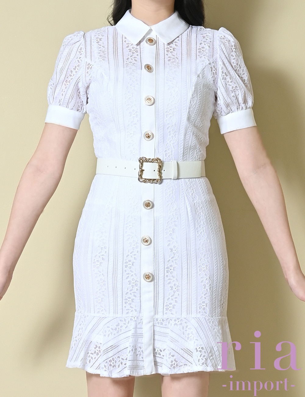 【ria】ミニ/ドレス/ワンピース/ホワイト/襟付き/タイト/ベルト付き/袖あり/レース