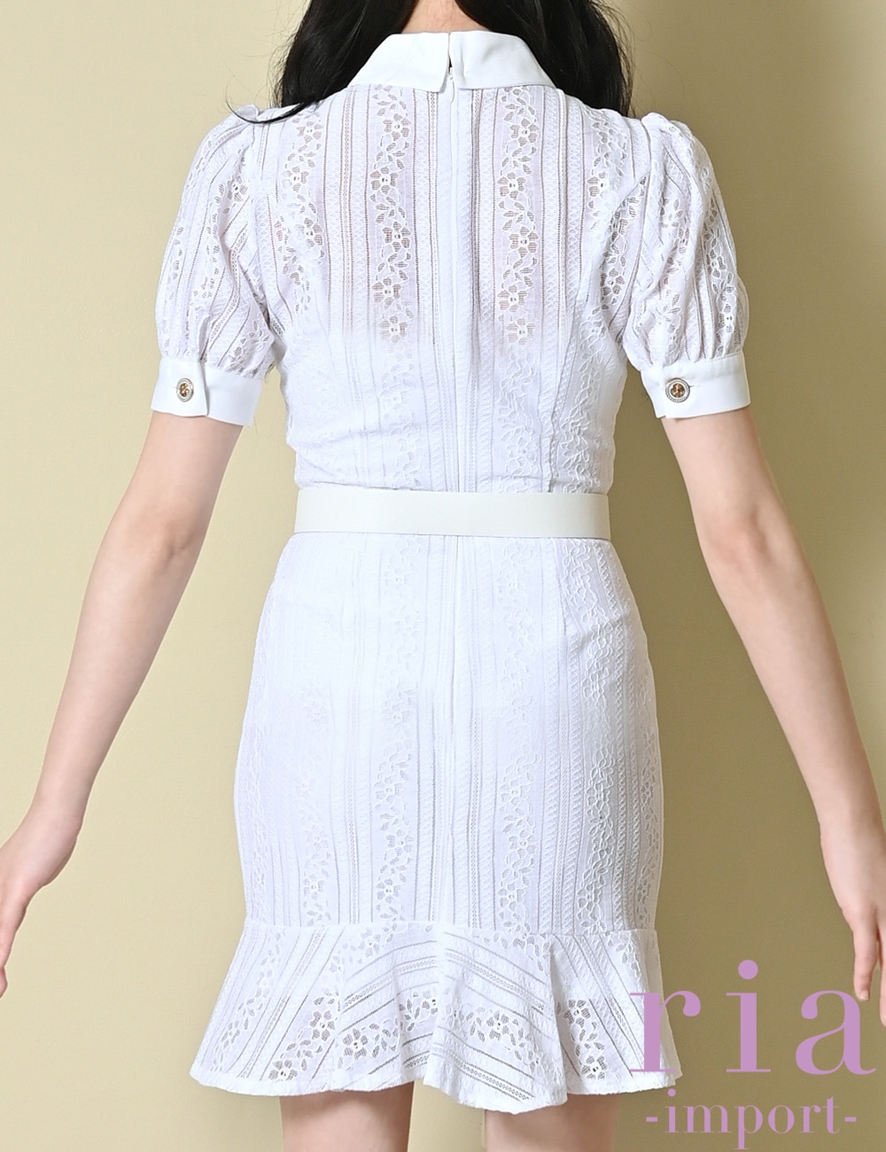 【ria】ミニ/ドレス/ワンピース/ホワイト/襟付き/タイト/ベルト付き/袖あり/レース
