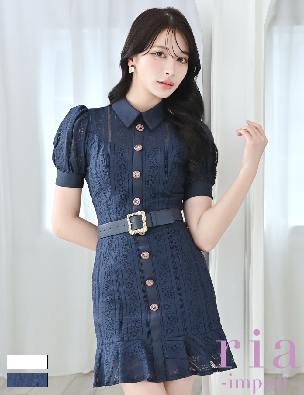 ria】ミニ/ドレス/ワンピース/ネイビー/襟付き/タイト/ベルト付き/袖