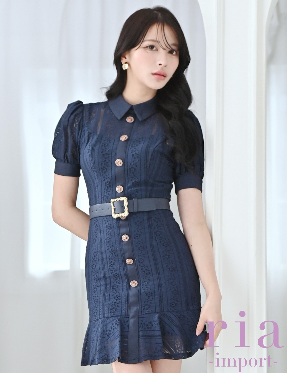 ria】ミニ/ドレス/ワンピース/ネイビー/襟付き/タイト/ベルト付き/袖
