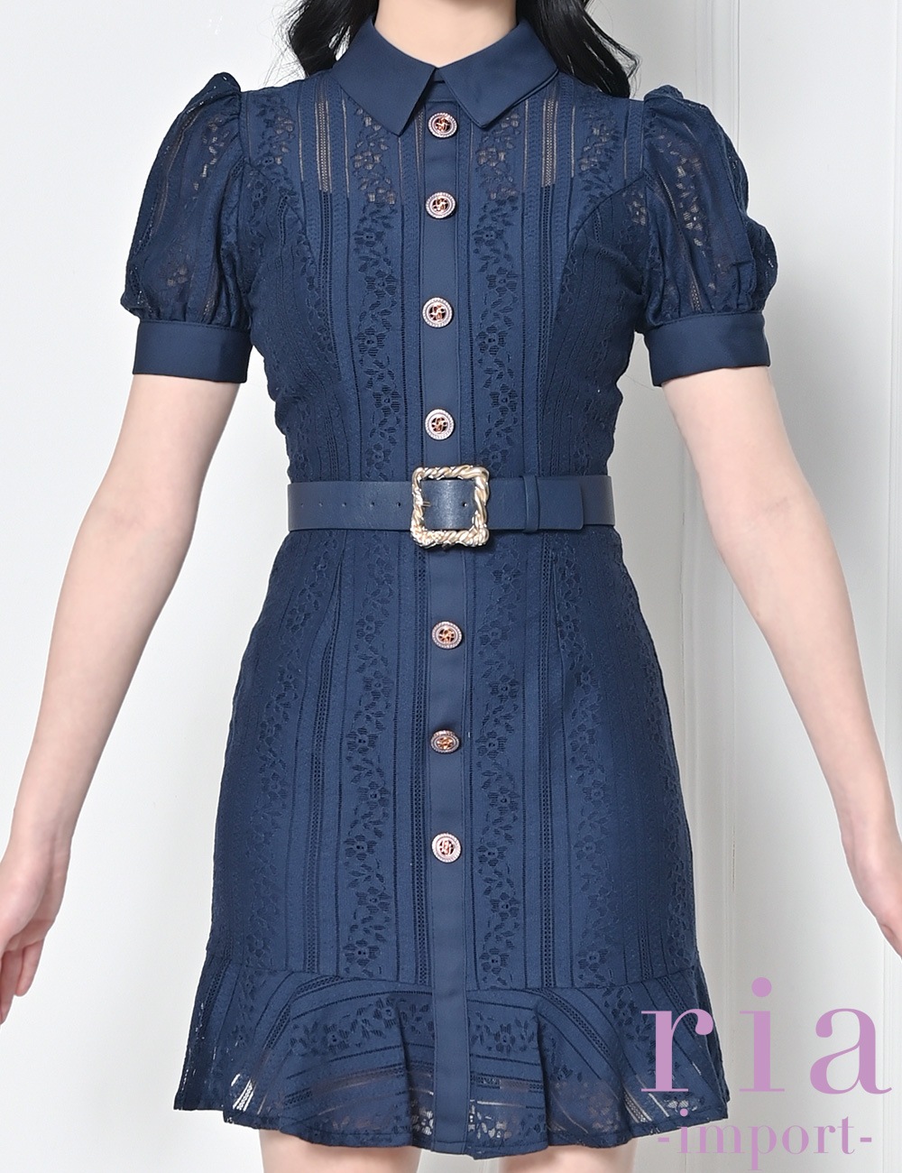 Reina様 ria】ミニ/ドレス/ワンピース/ネイビー/襟付き/タイト/ベルト付き/袖