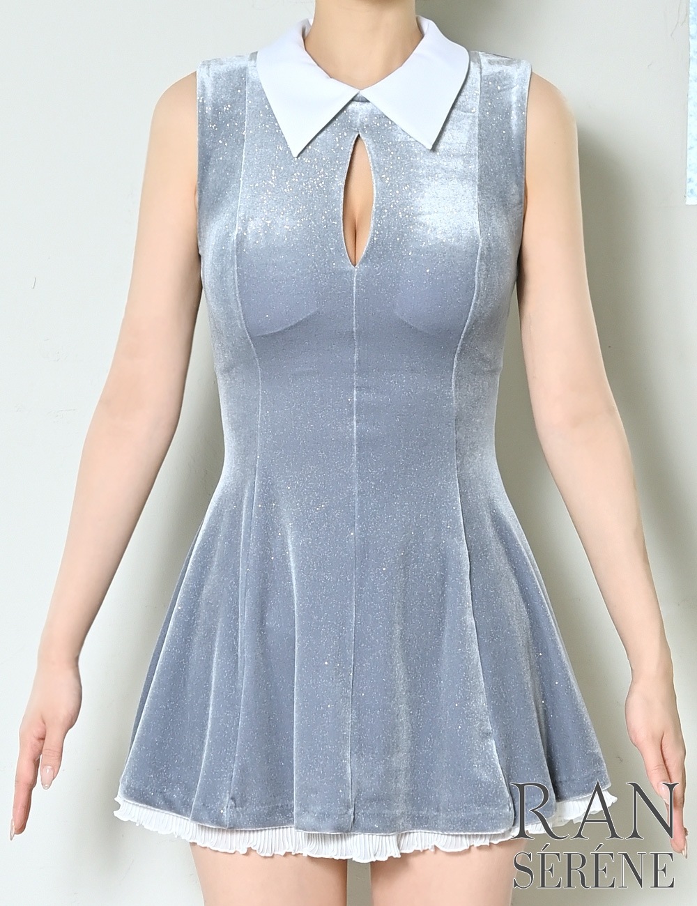 [即納][instock]【RAN SERENE】ミニ/ドレス/ワンピース/グレー/襟付き/フレア/レース/ベロア