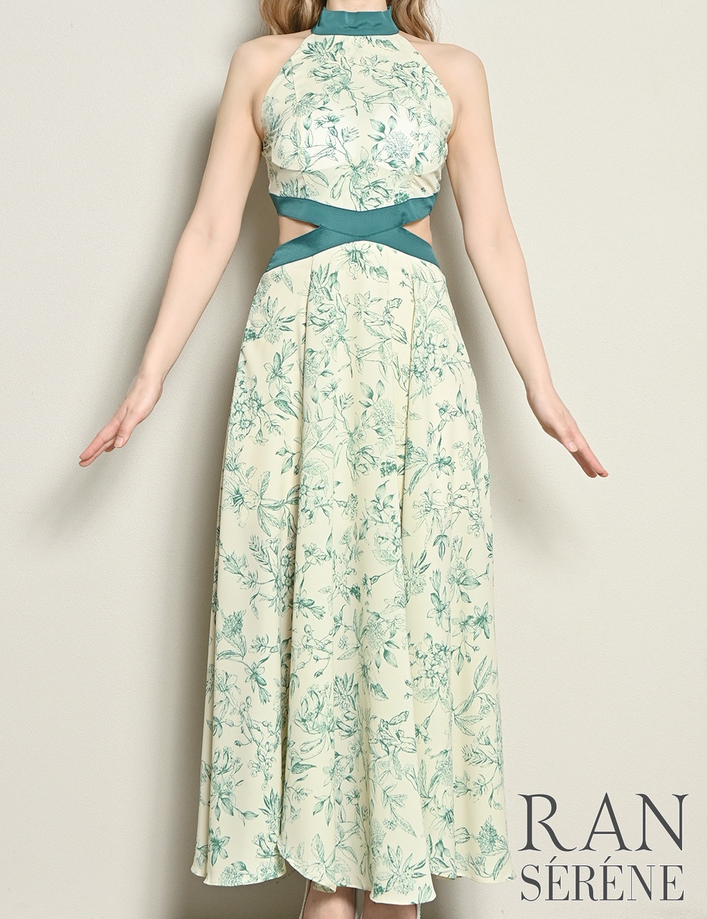 [即納][instock]【RAN SERENE】ロング/ドレス/グリーン/アメスリ/フレア/サイドカットアウト/柄/花柄
