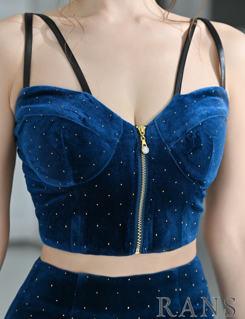 [Sのみ即納][instock]【RANS】ミニ/ドレス/セットアップ/タイト/ブルー/ベロア/スタッズ/レザー