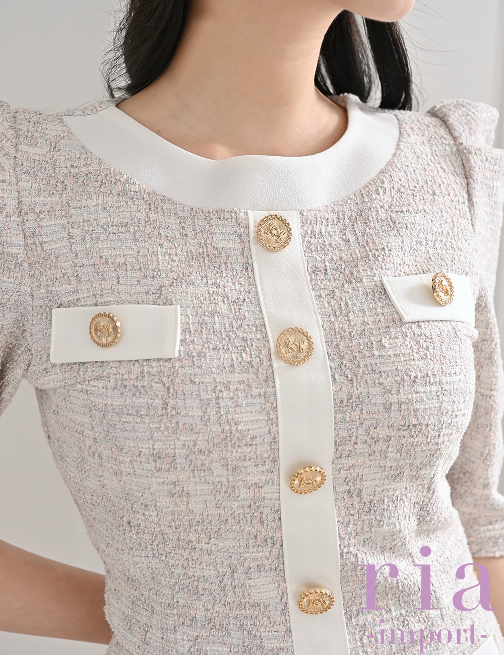 【ria】ミニ/ドレス/セットアップ/グレー/ピンク/袖あり/タイト/ツイード