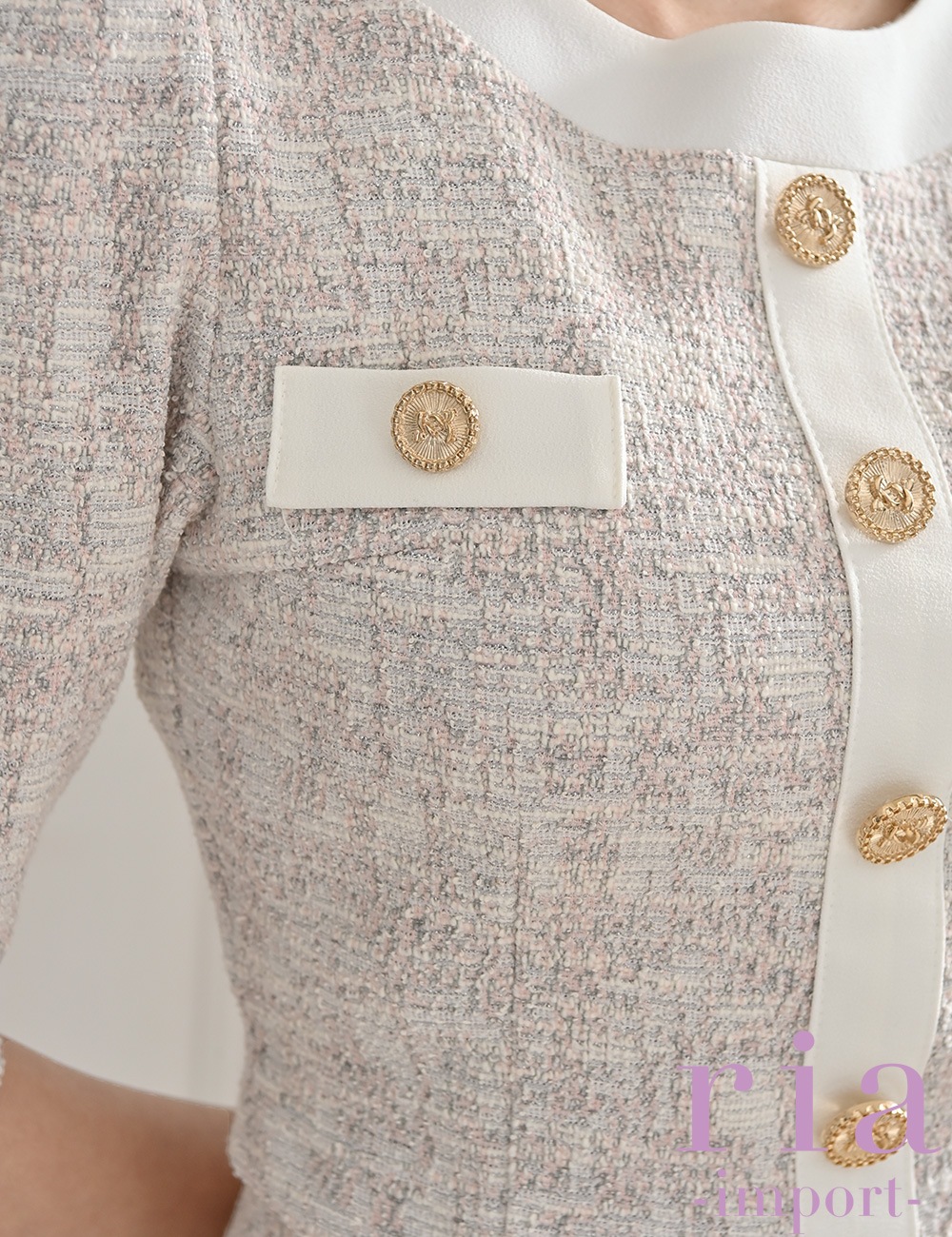 【ria】ミニ/ドレス/セットアップ/グレー/ピンク/袖あり/タイト/ツイード