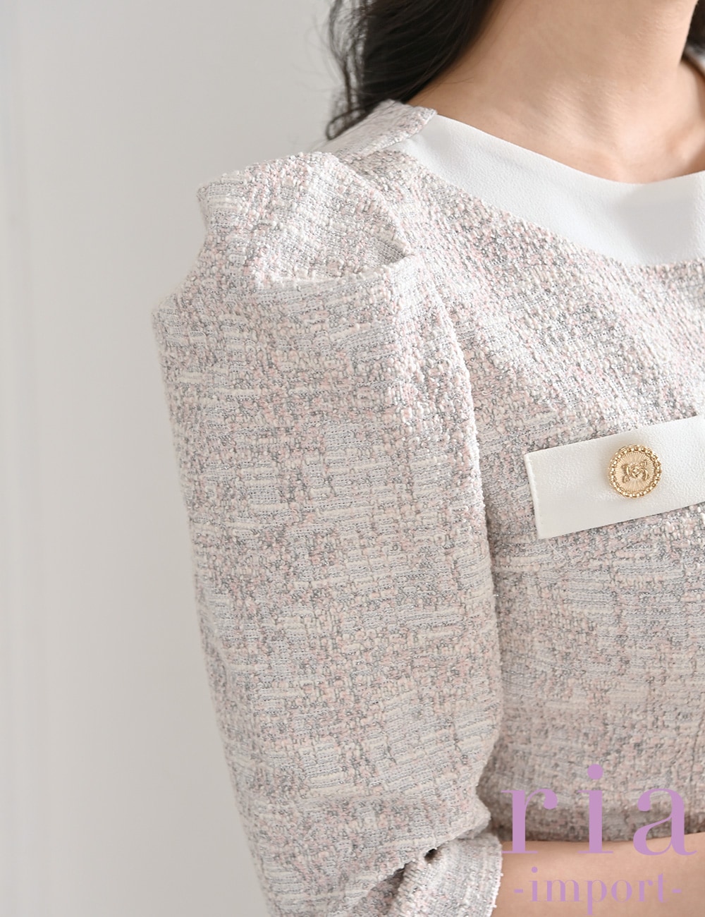 【ria】ミニ/ドレス/セットアップ/グレー/ピンク/袖あり/タイト/ツイード