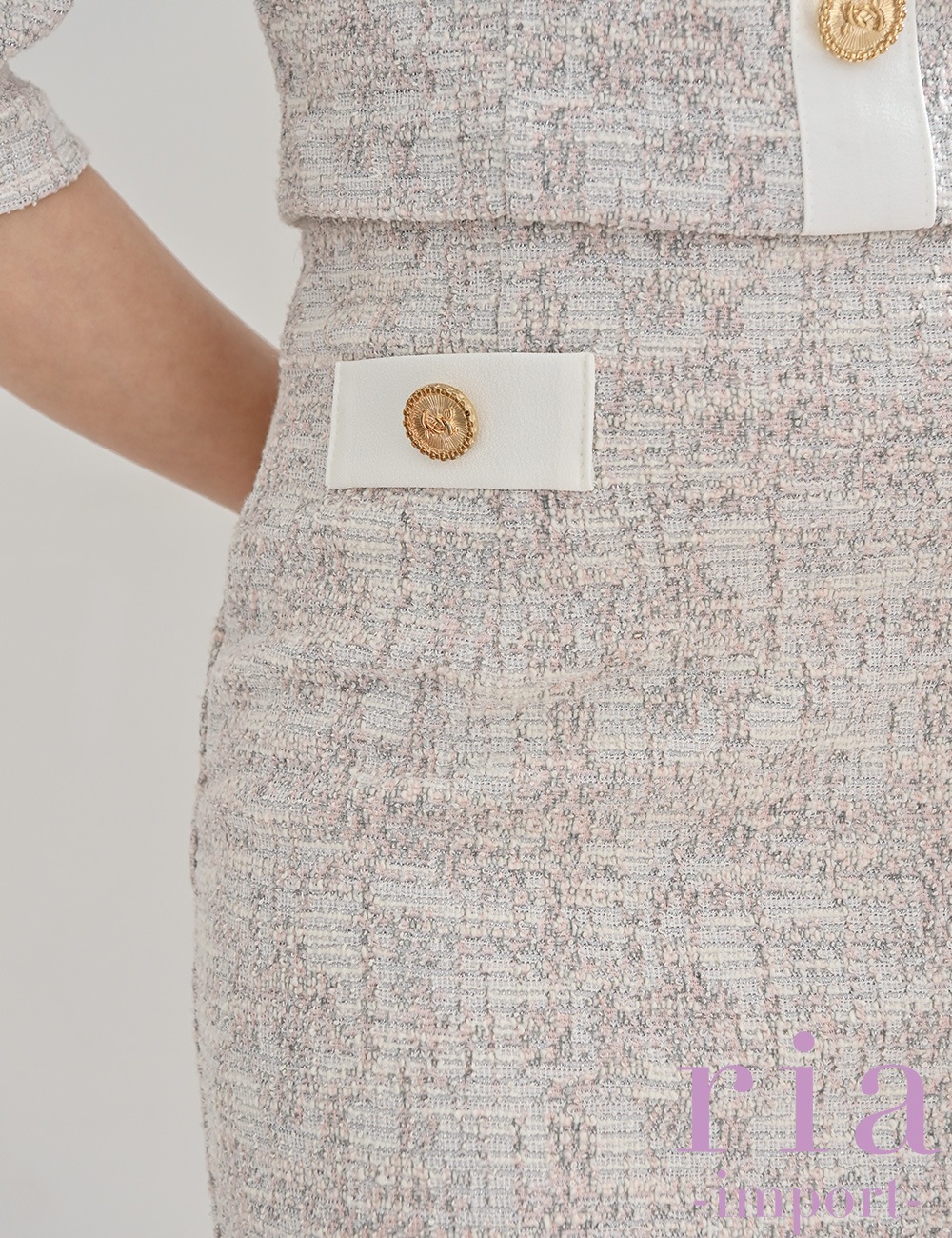 【ria】ミニ/ドレス/セットアップ/グレー/ピンク/袖あり/タイト/ツイード