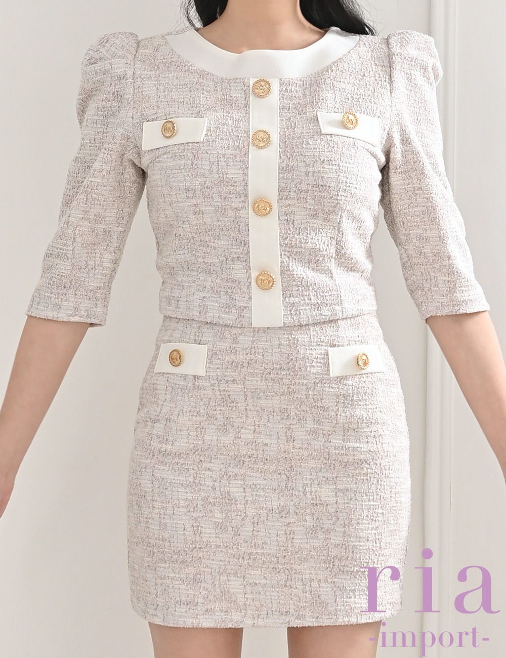 【ria】ミニ/ドレス/セットアップ/グレー/ピンク/袖あり/タイト/ツイード