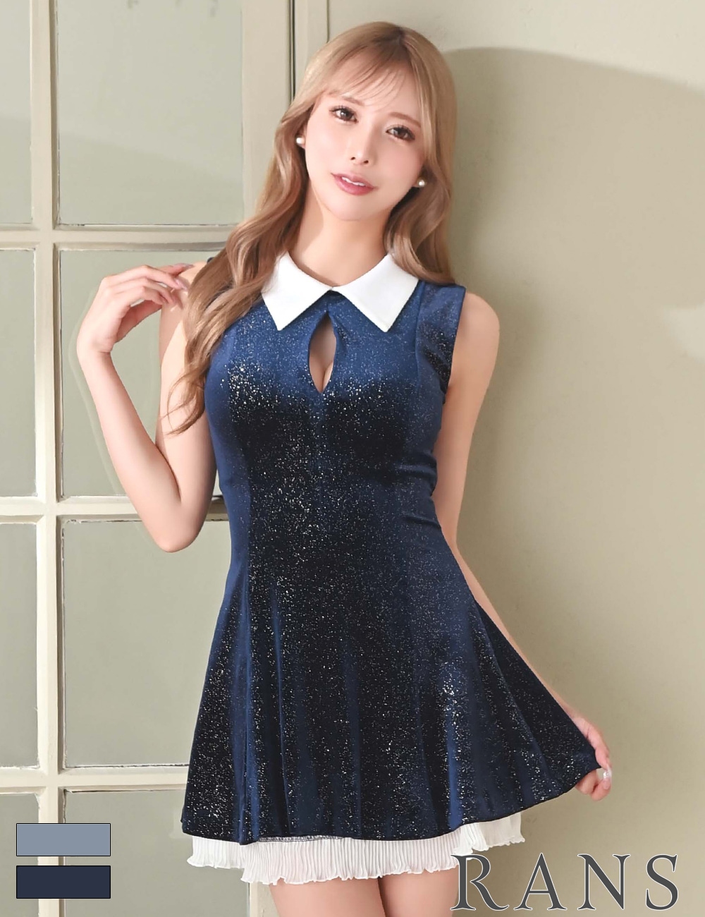 [即納][instock]【RANS】ミニ/ドレス/ワンピース/ネイビー/襟付き/フレア/レース/ベロア