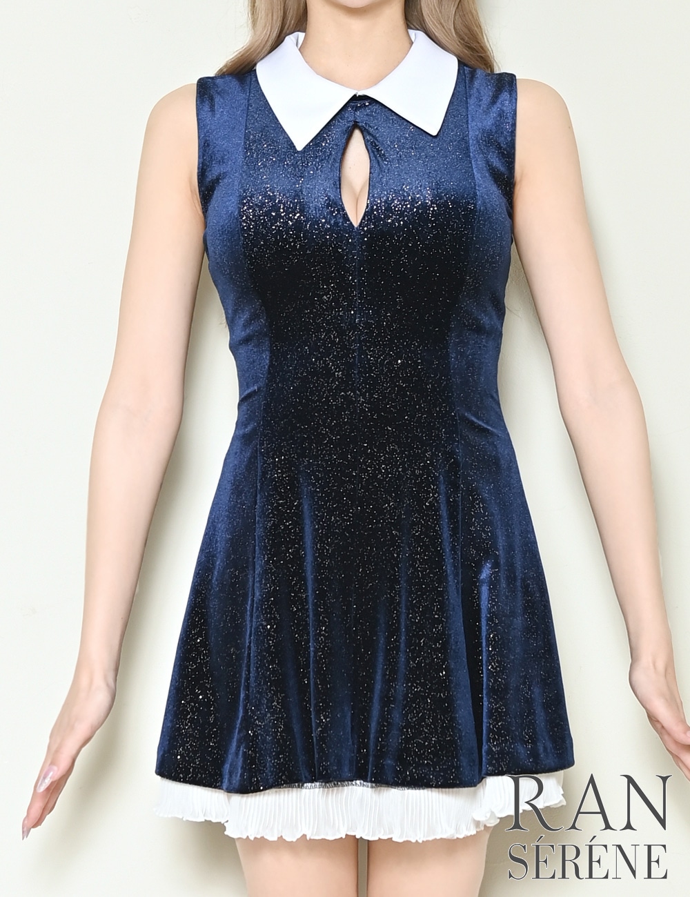 [即納][instock]【RAN SERENE】ミニ/ドレス/ワンピース/ネイビー/襟付き/フレア/レース/ベロア