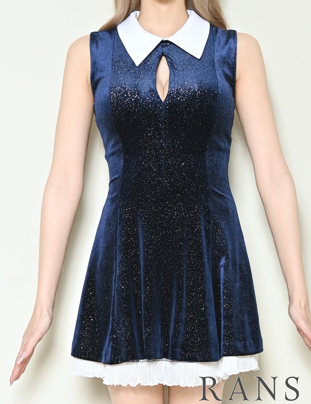 [即納][instock]【RANS】ミニ/ドレス/ワンピース/ネイビー/襟付き/フレア/レース/ベロア
